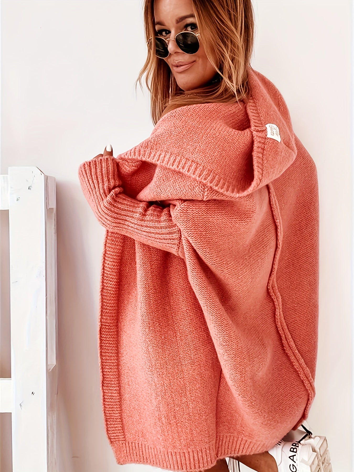 Open Front Hooded Cardigan Batwing Sleeve Mid Length Sweater