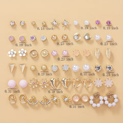 30 Pairs Faux Pearl Leaf Moon Pattern Zircon Earrings Set for Women Girls