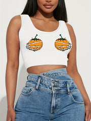 Pumpkin & Skull Hand Print Sleeveless Tank Top