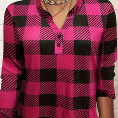 Gingham Print Button Long Sleeve Blouse