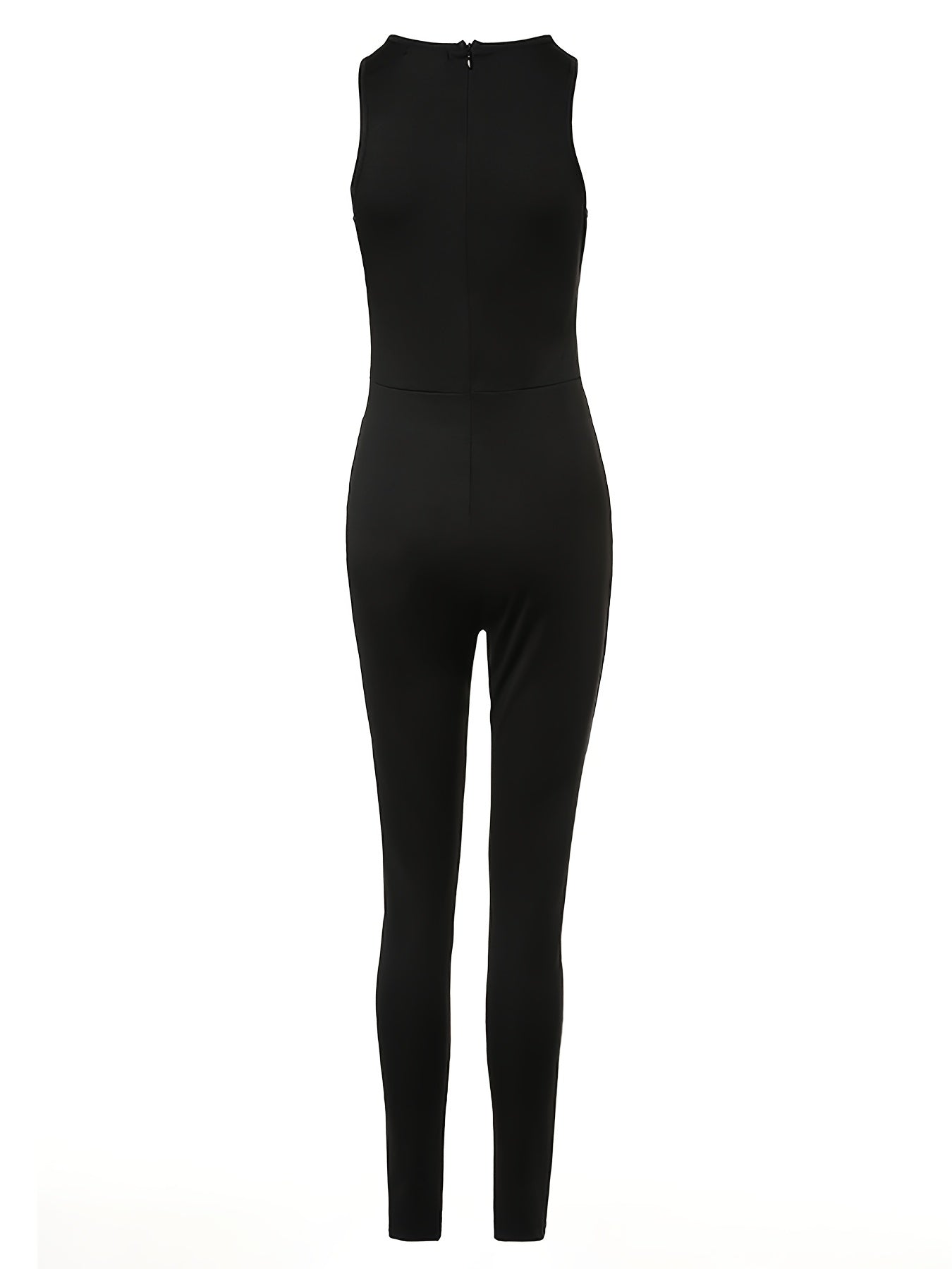 Solid Mesh Stitching Skinny Jumpsuit Crew Neck Sleeveless Jumpsuit