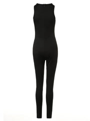 Solid Mesh Stitching Skinny Jumpsuit Crew Neck Sleeveless Jumpsuit