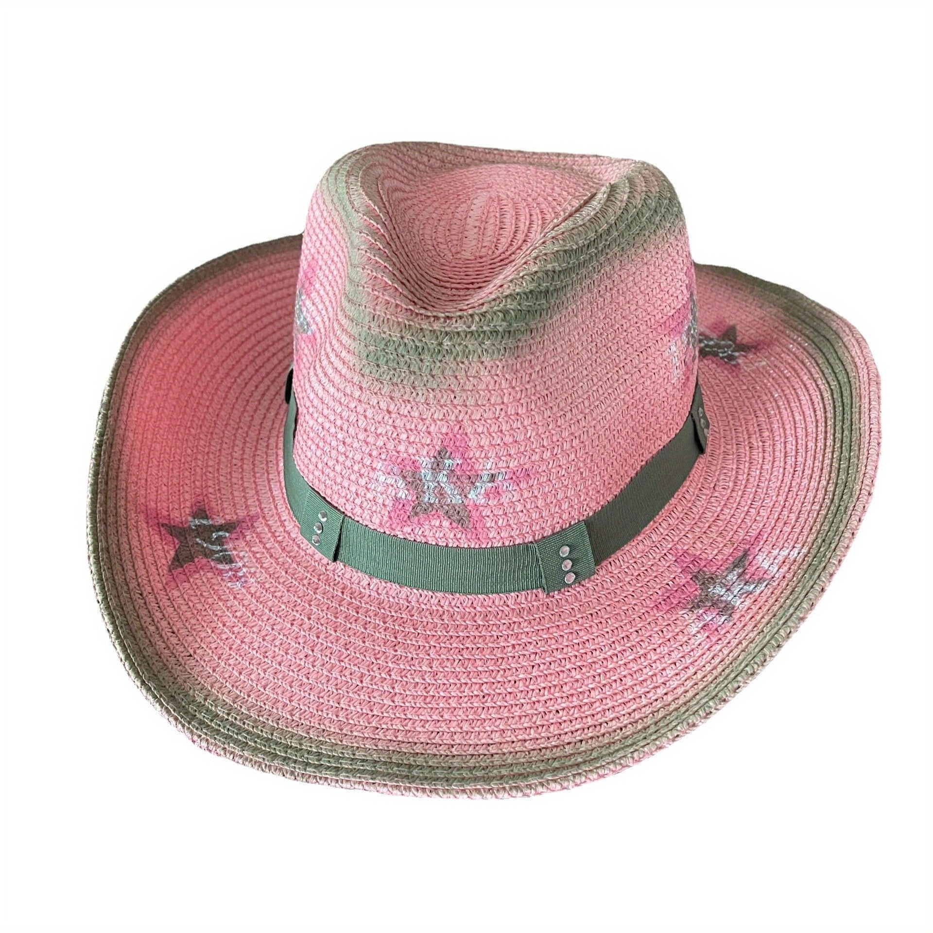 Y2K Pink Star Cowboy Hat Distressed Straw Sunshade Travel Beach Hats