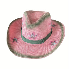 Y2K Pink Star Cowboy Hat Distressed Straw Sunshade Travel Beach Hats