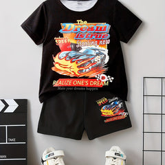 Boys Car Graphic Outfit Short Sleeves Round Neck T shirt & Shorts