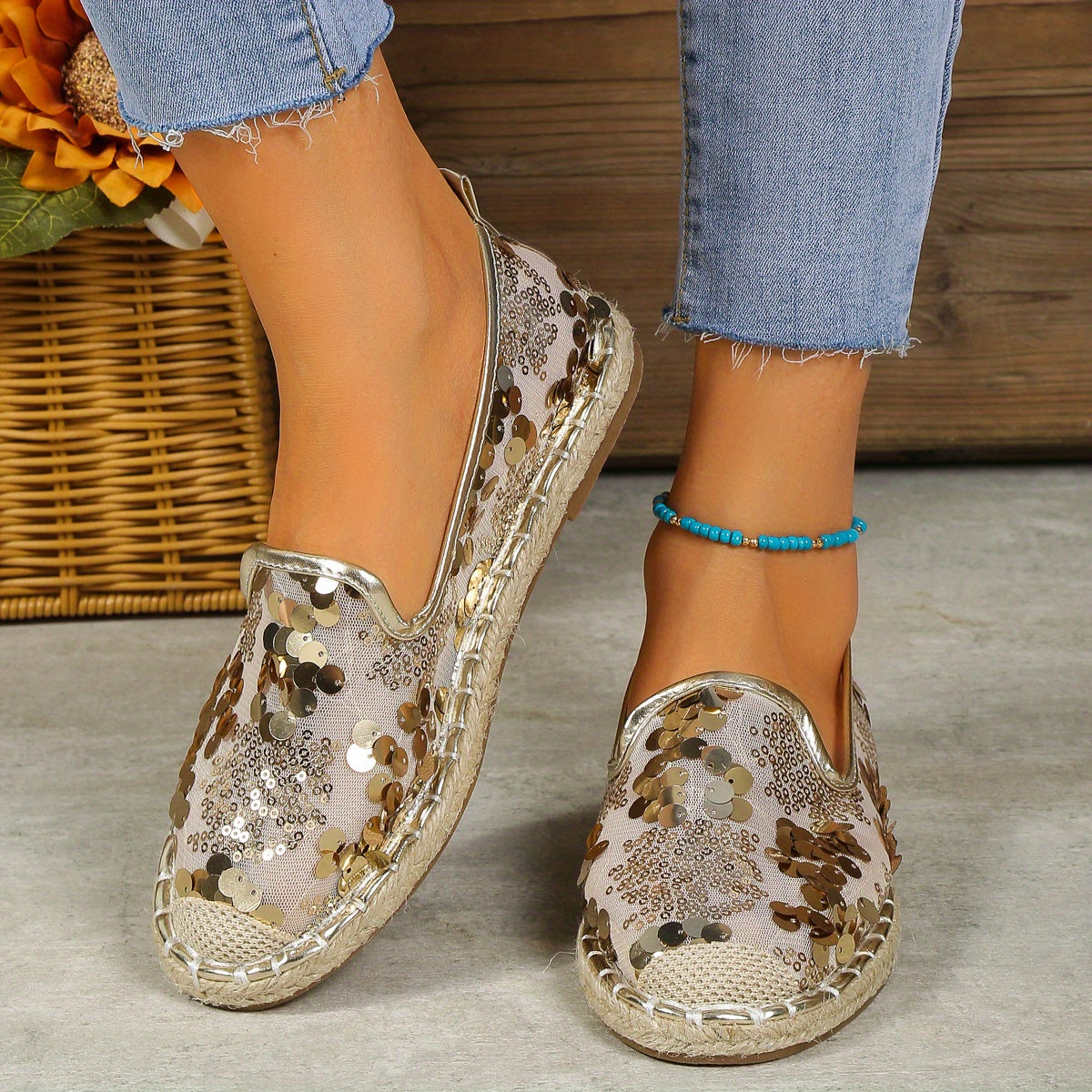Sequins Mesh Panel Slip-On Espadrilles for Women