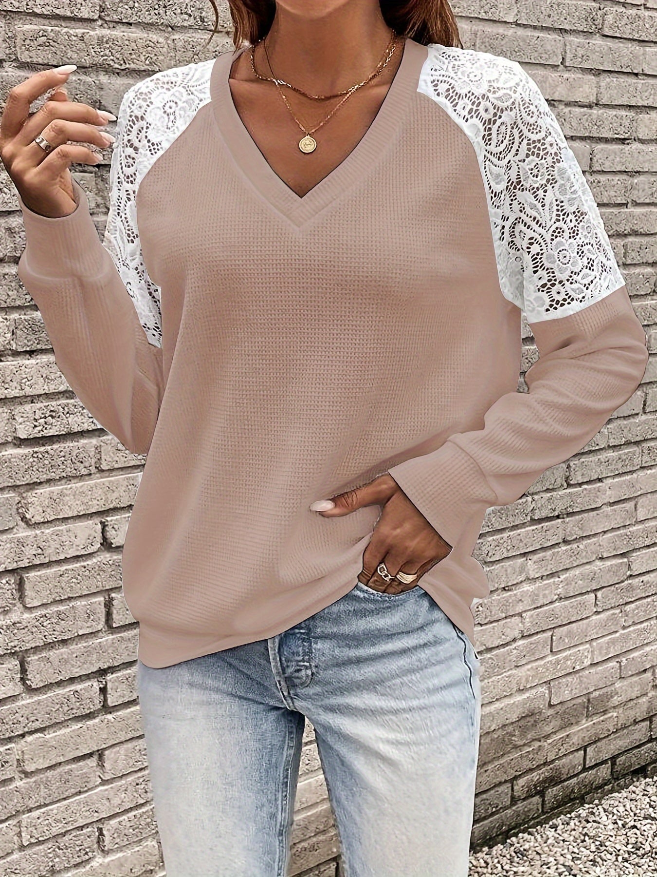 Casual Knit Top Women's Plus Solid Contrast Lace Long Sleeve V Neck
