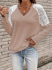 Casual Knit Top Women's Plus Solid Contrast Lace Long Sleeve V Neck