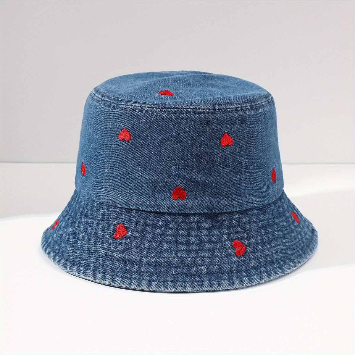 Heart Embroidered Bucket Hat Washed Distressed Denim Fisherman Cap