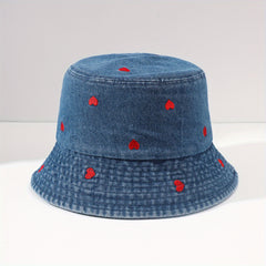 Heart Embroidered Bucket Hat Washed Distressed Denim Fisherman Cap