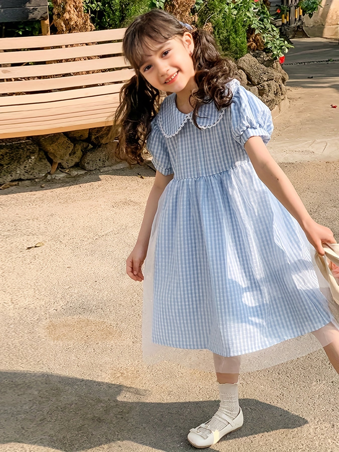 Girl's Plaid Bubble Sleeve Princess Dress for Summer Party