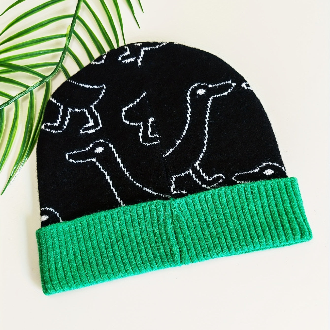 Duck Jacquard Beanie & Green Block Knit Hat Warm Skull Cap
