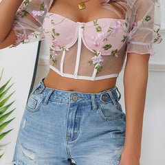 Floral Mesh Puff Sleeve Underwire Corset Top