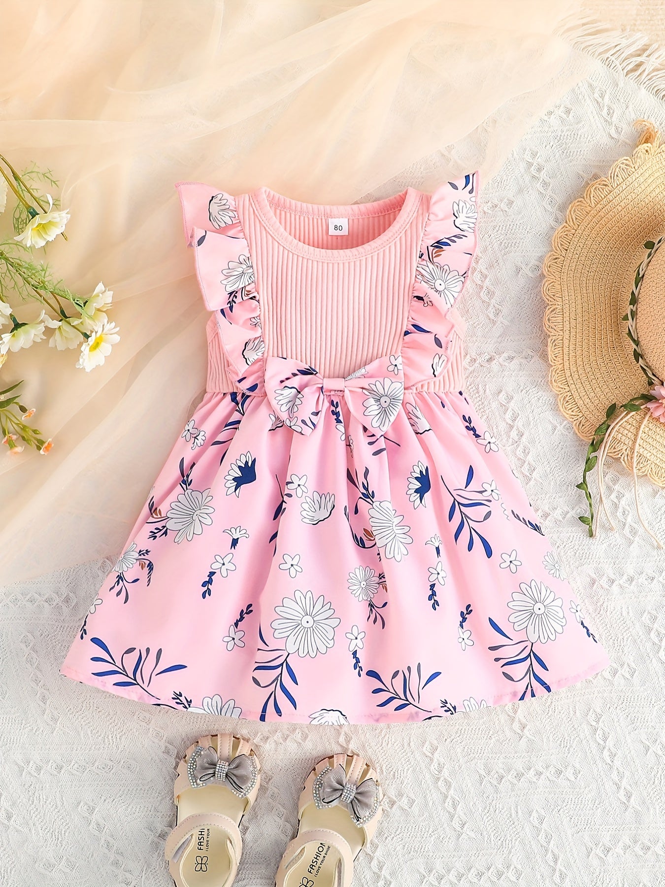 Baby Girls Floral Sleeveless Dress with Bowknot