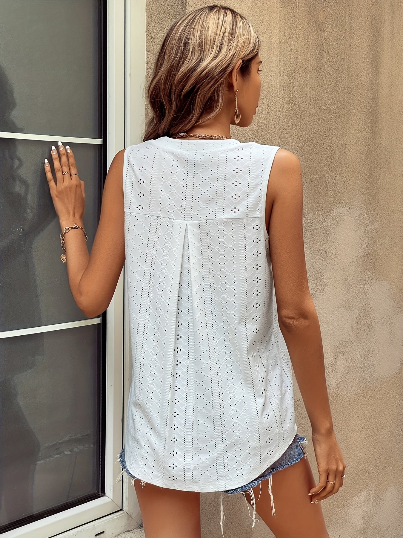 Eyelet V Neck Pleated Tank Top Women's Clothing