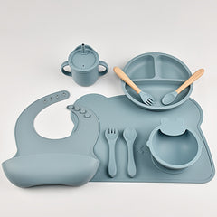 9pcs Kids Tableware Set Silicone Divided Plate Fork Spoon Cartoon Table Mat