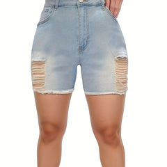 Sexy Denim Shorts Women's Plus Solid Ripped Raw Trim Button Fly