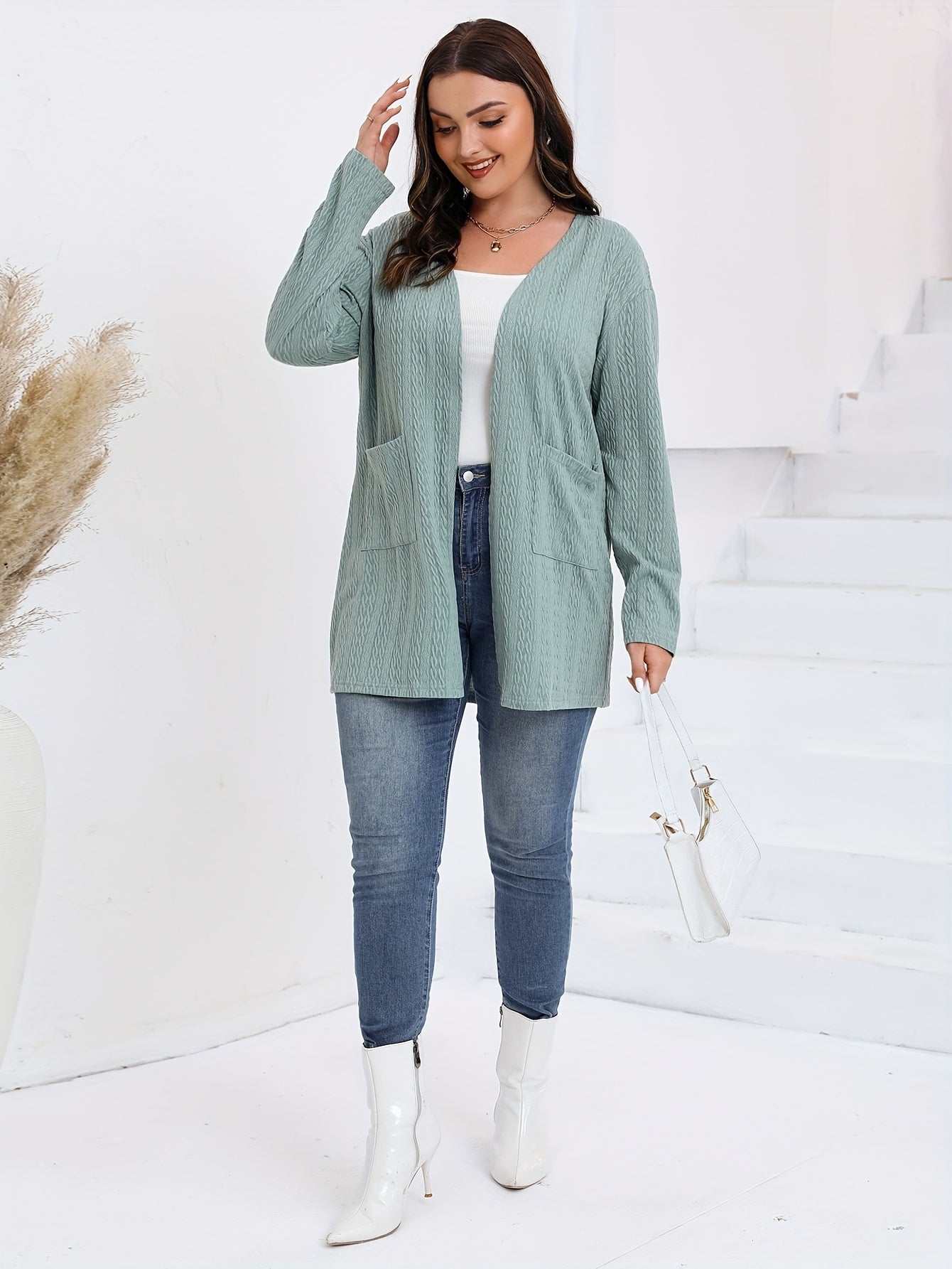 Casual Cardigan Women's Plus Solid Open Front Knitted Cardigan