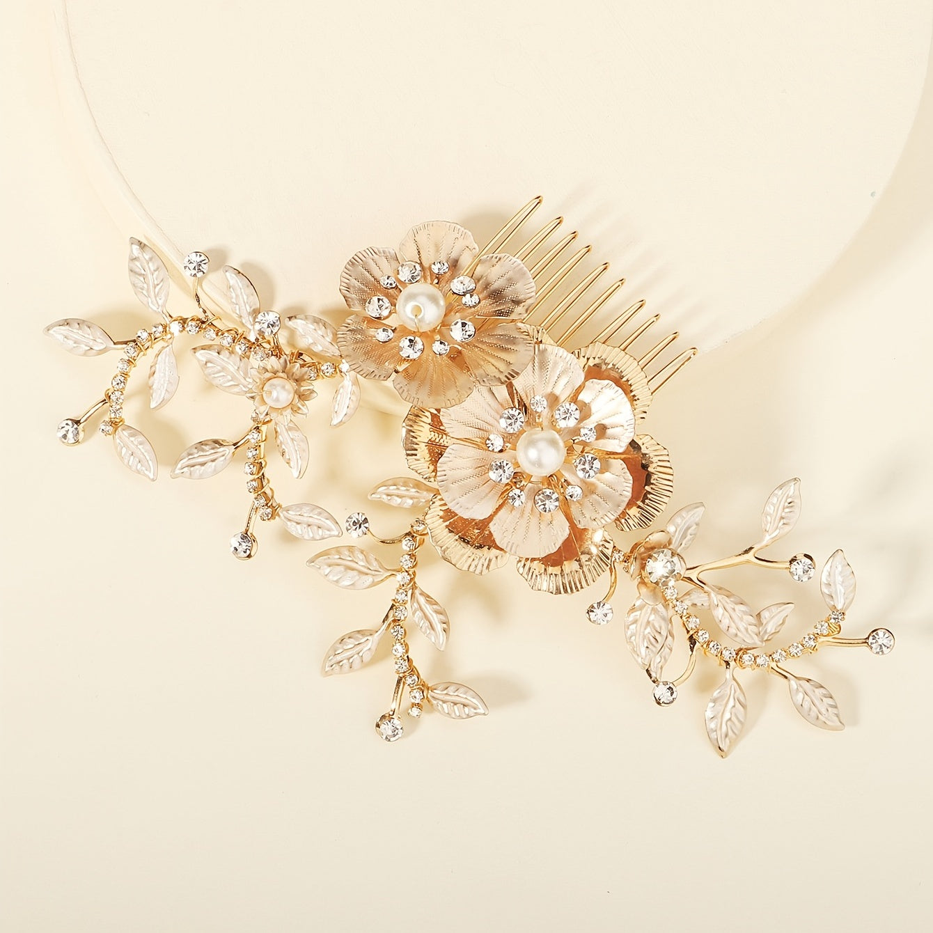 Golden Leaf Bridal Hair Comb Faux Pearl And Crystal Flower Hair Piece