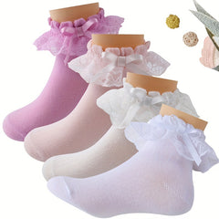 Girls Lace Brim Socks Bow Decor Knit Crew Socks