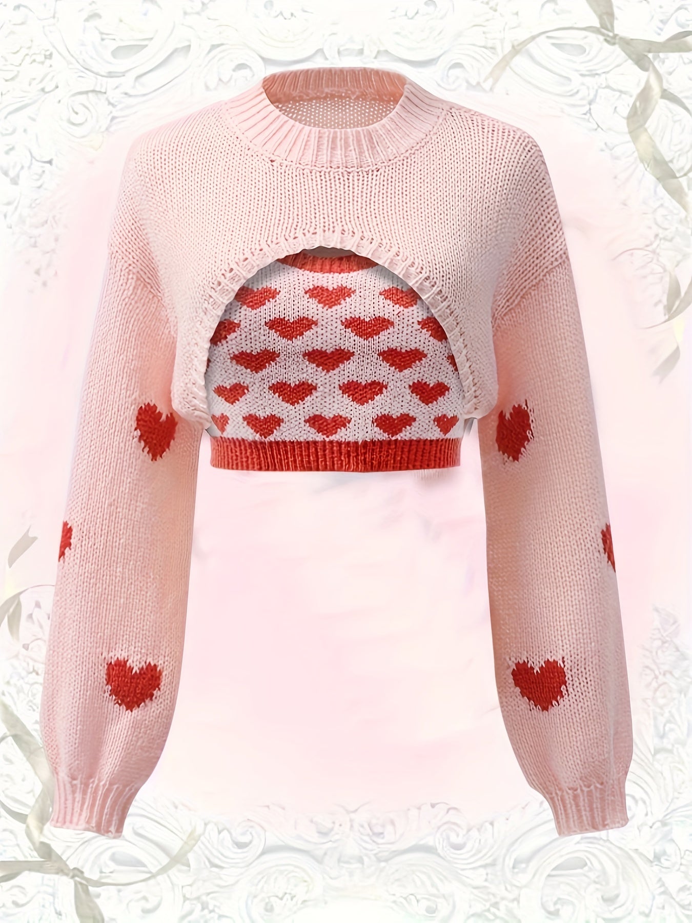 Y2K Heart Print 2pc Set Cropped Sweater & Cami Top