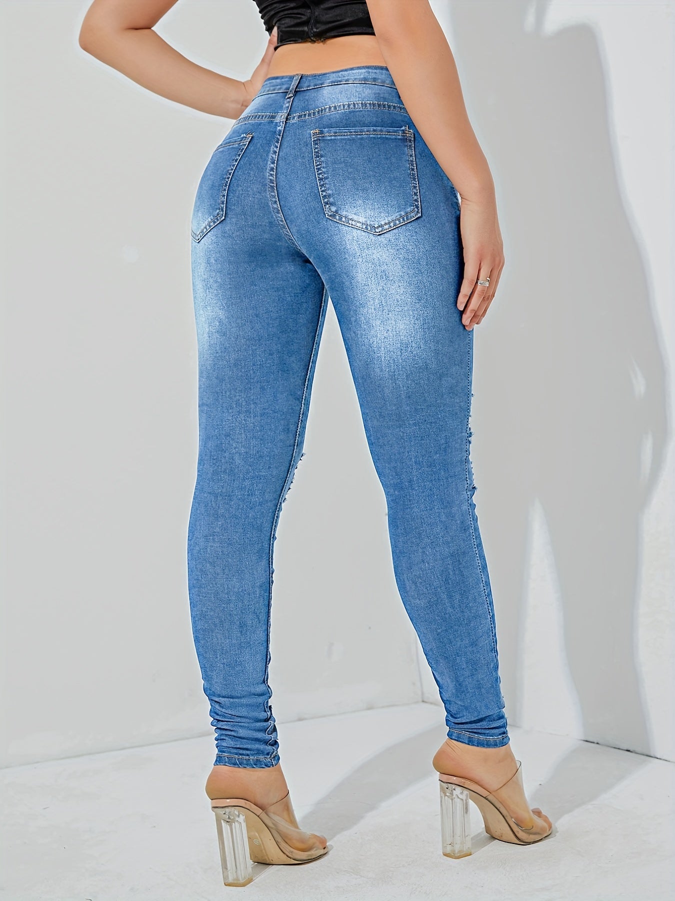 Stretchy High Waist Skinny Jeans with Distressed Slash Pockets