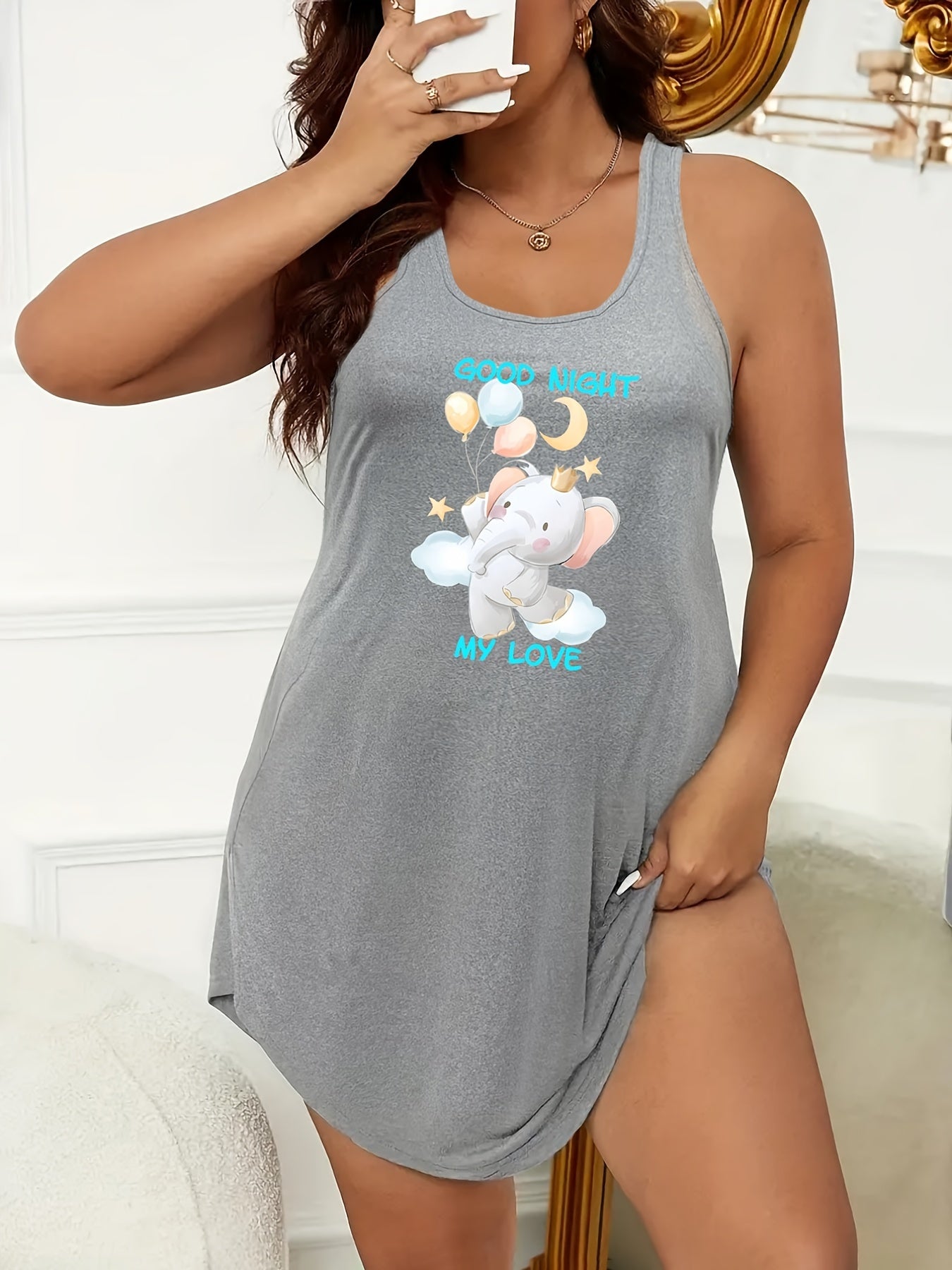 Elephant Print Scoop Neck Tank Sleep Dress