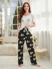 Avocado Print Pajama Set Short Sleeve Top & Pants Women's Sleepwear