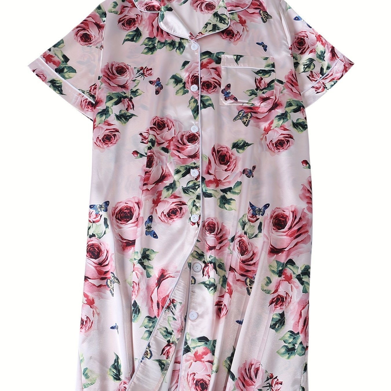 Satin Rose Print Nightshirt with Pocket
