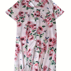 Satin Rose Print Nightshirt with Pocket