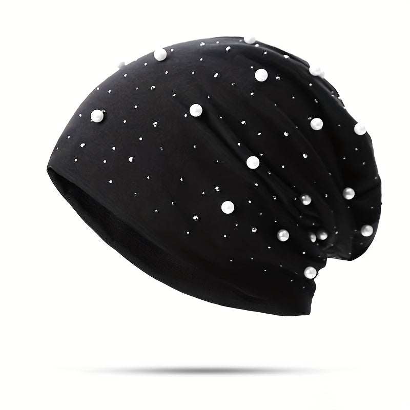 Faux Pearl Decor Beanie Solid Elastic Skull Cap Women Slouchy Baggy Hats