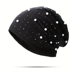 Faux Pearl Decor Beanie Solid Elastic Skull Cap Women Slouchy Baggy Hats