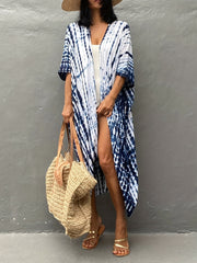 Boho Kimono Tie Dye Striped Bat Sleeve Open Front Kimono Cover Up