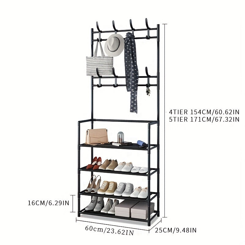 Stackable Shoe Rack With 8 Hooks 4 Layers Waterproof Cloth