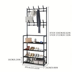 Stackable Shoe Rack With 8 Hooks 4 Layers Waterproof Cloth