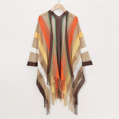 Boho Hollow Out Knitted Shawl Rainbow Striped Tassel Wrap Cover Up