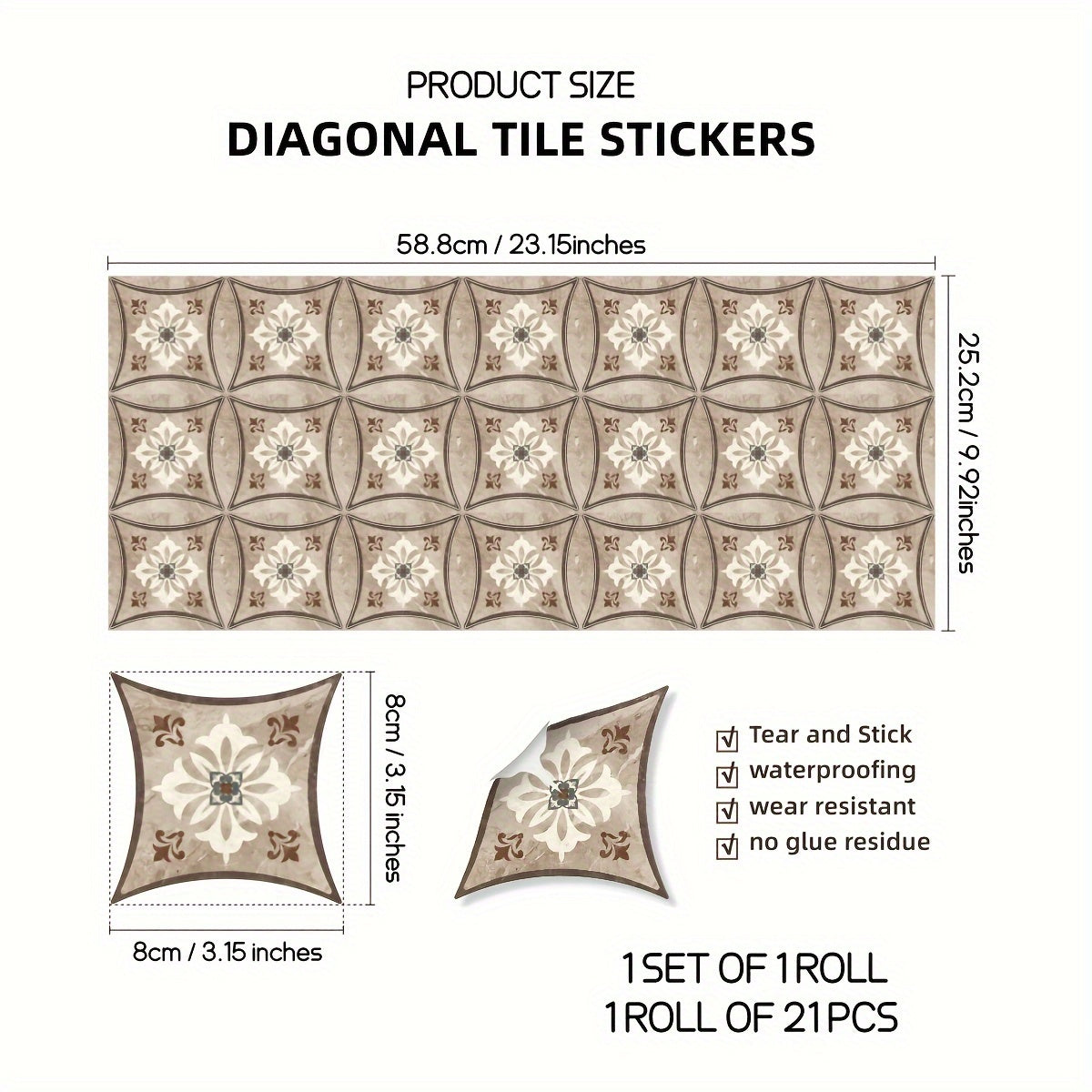 21 Moroccan Printed Ceramic Tiles Self Adhesive Waterproof Home Decor