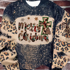 Christmas Leopard Letter Print Sweatshirt for Women