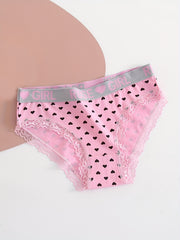 5pcs Letter & Heart Print Briefs Lace Trim Panties Women's Lingerie