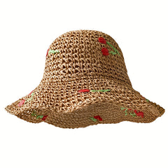 Vintage Straw Bucket Hat Cherry Ruffles Sun Hat