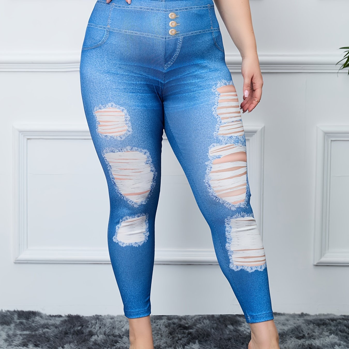 Ripped & Denim Print High Rise Skinny Leggings Women's Plus