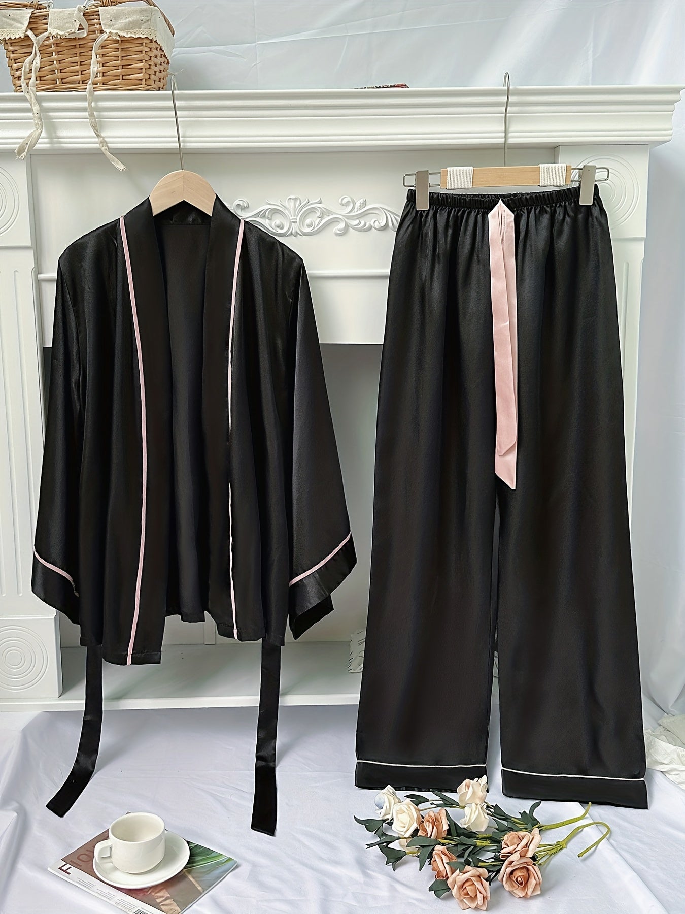 Satin Pajama Set with Long Sleeve Robe & Lace Up Pants