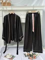 Satin Pajama Set with Long Sleeve Robe & Lace Up Pants