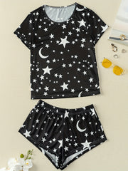 Star Print Pajama Set Short Sleeve Crew Neck Top & Elastic Waistband Shorts