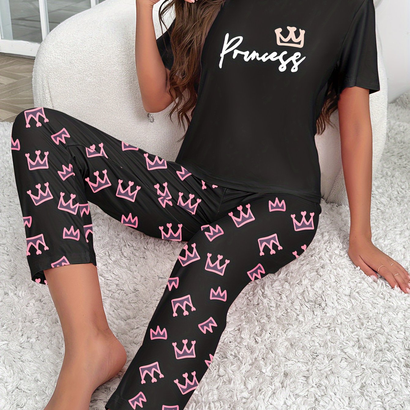 Crown & Letter Print Pajama Set Short Sleeve Top & Pants