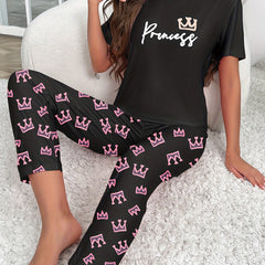 Crown & Letter Print Pajama Set Short Sleeve Top & Pants
