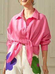 Solid Button Long Sleeve Shirt & Floral Wide Leg Pant