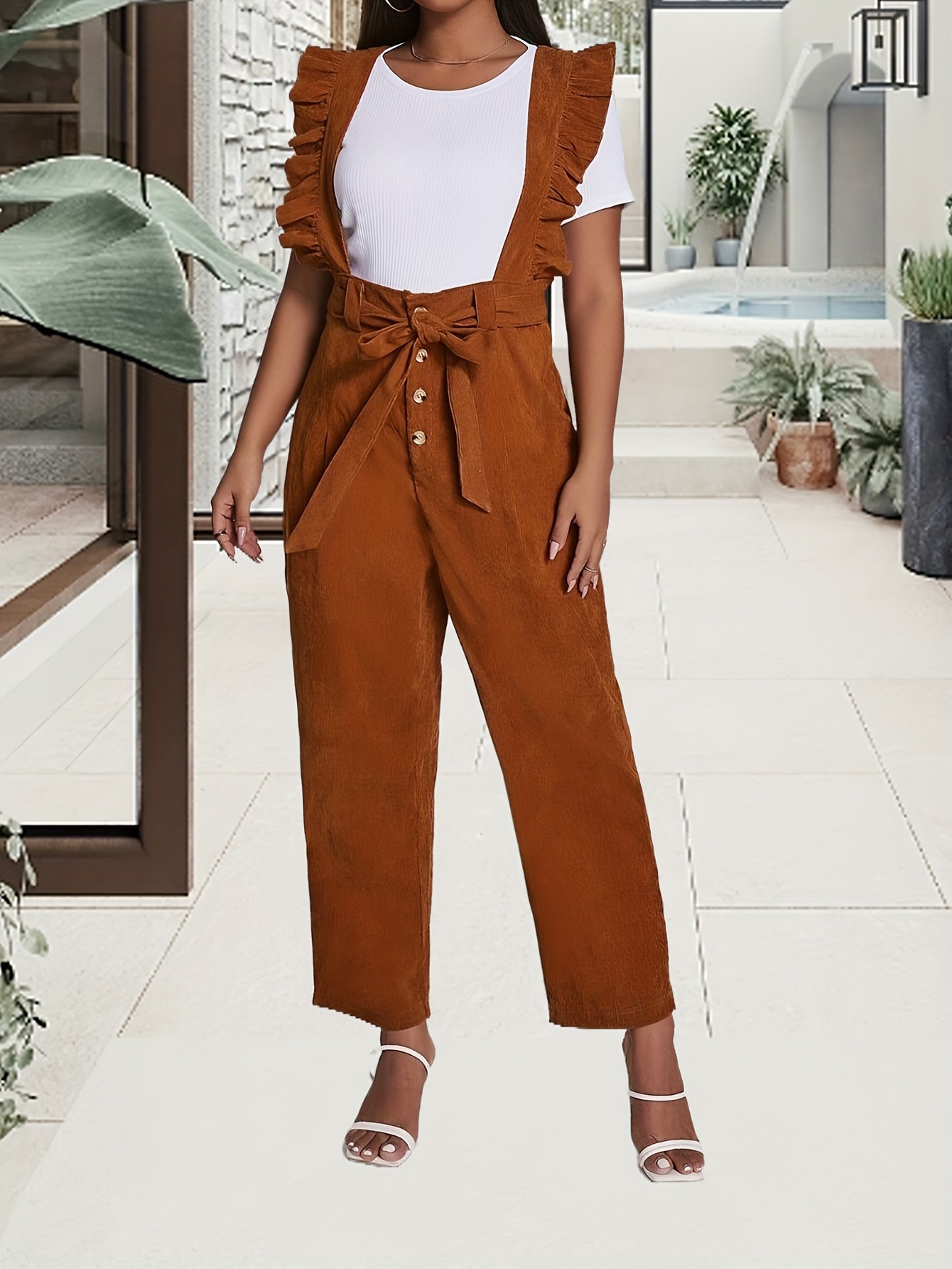 Solid Ruffle Trim Overall Jumpsuit