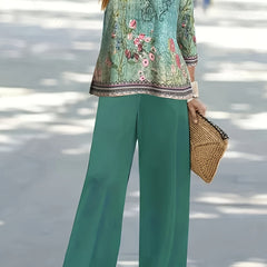 Retro Outfit Set Women's Plus Border Floral Print Round Neck