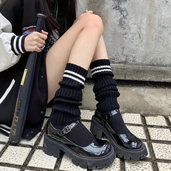 Striped Rib Knit Leg Warmers College Style All match Knee High Socks